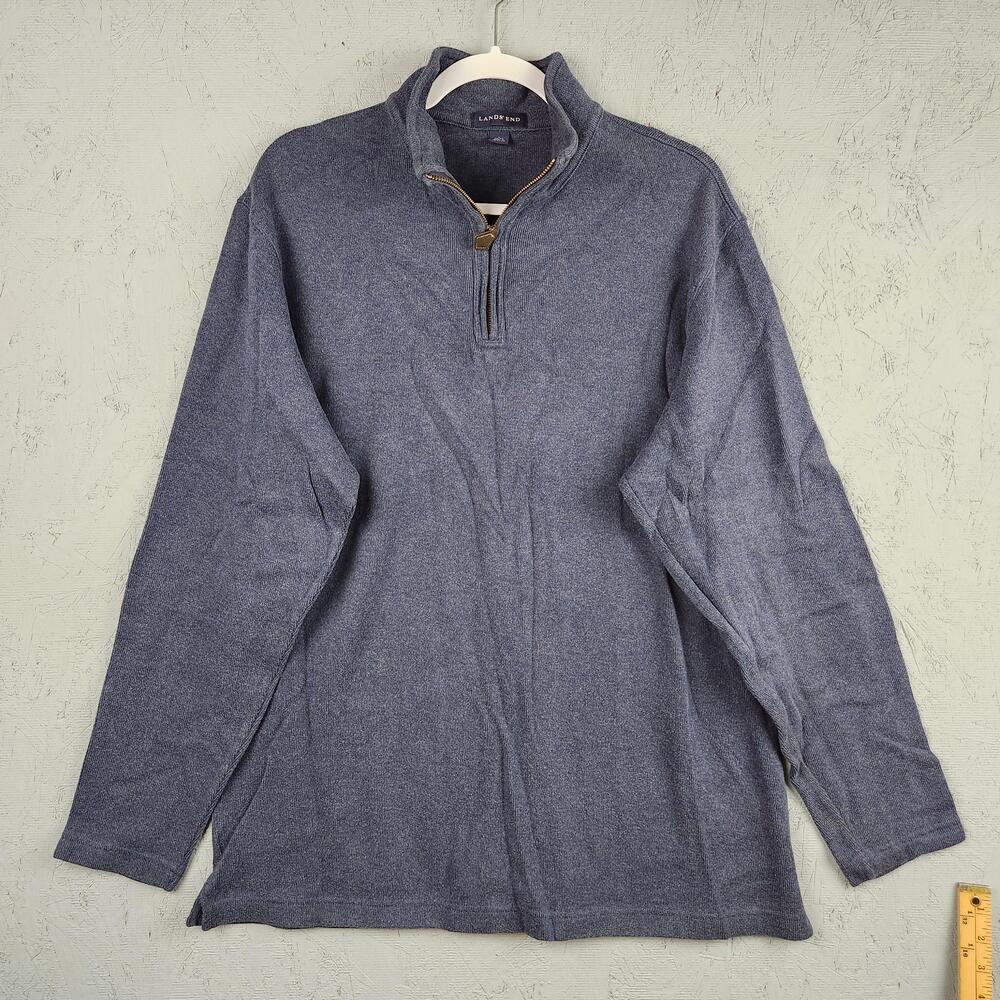 Lands End Sweater Mens Large Blue Heather Quarter Zip Pullover Mock Neck Knit